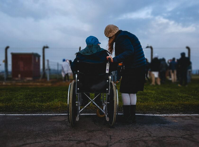woman standing near person in wheelchair near green grass field